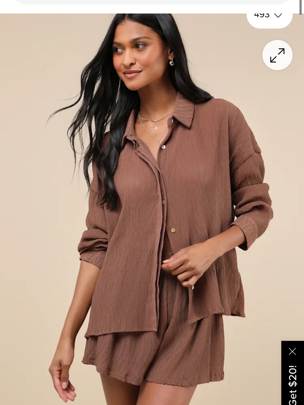 Lulu's Brown High-Waist Woven Shorts & Long Sleeve Button Up